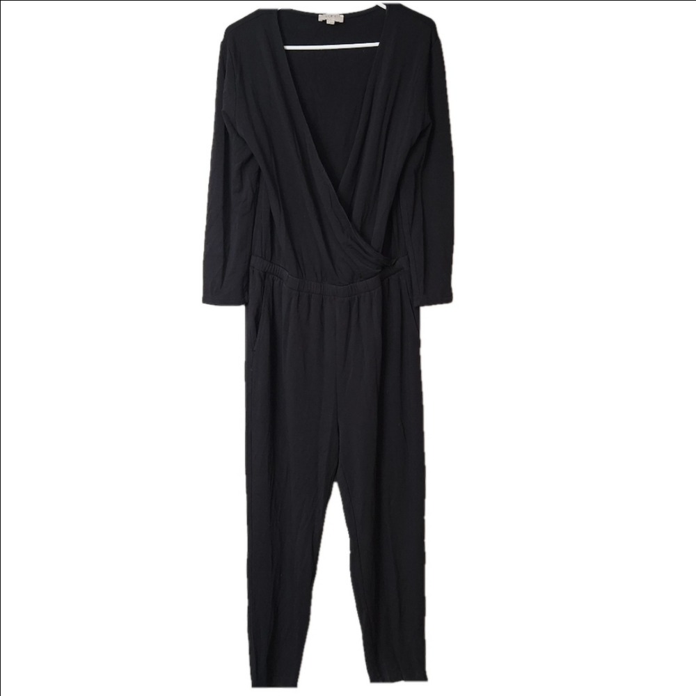 Loft long sleeve wrap front solid black stretch Jumpsuit women's size Large